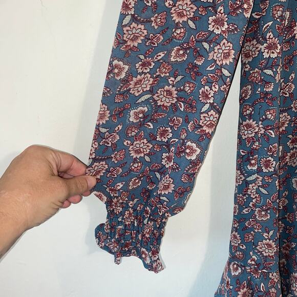 Blue Rain XS Boho Floral Mini Dress Cottagecore Ruffle Hem Long‎ Sleeve Smocked - Picture 6 of 9